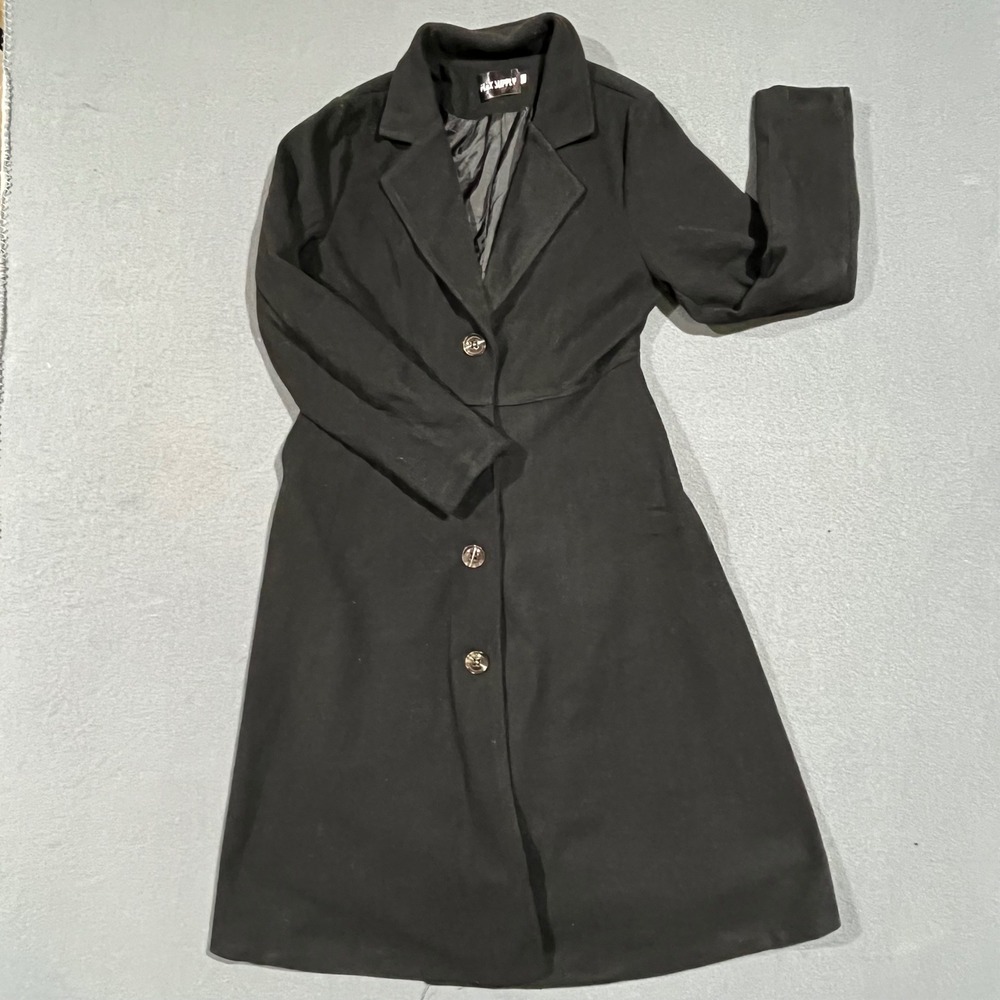 90s Babydoll Black Long Trench Coat Jacket Womens Size Small Fleece Soft Peplum